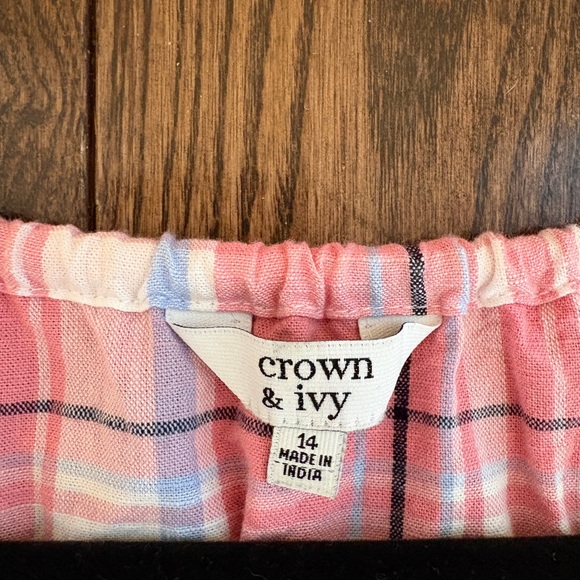 Crown & Ivy Dress Sz 14 Pink Blue White Plaid Tassel Short Sleeve Beach Casual - Picture 11 of 12